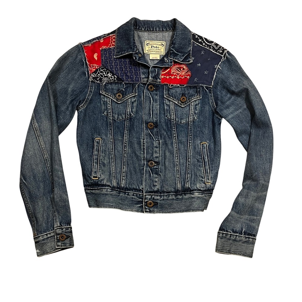 Polo‎ Ralph Lauren Womens Bandana Patchwork Denim Trucker Jacket XS Western
